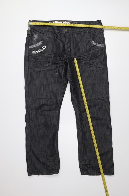 ZE ENZO 989 Men's Black Denim Chino Jeans 38S Cotton Blend Casual Trousers