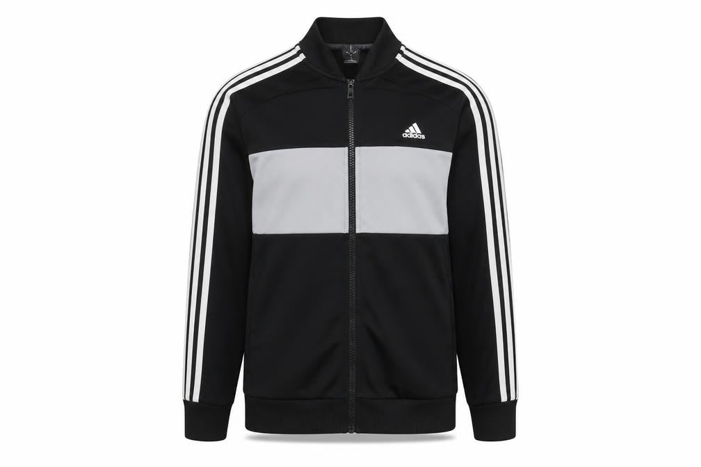 Front view of Adidas boys’ black & grey track jacket 13-14 years full zip activewear