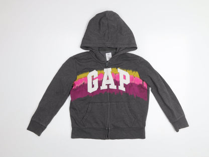 GAP Kids Girls Charcoal Full Zip Hoodie L 10 Logo Graphic Cotton Blend