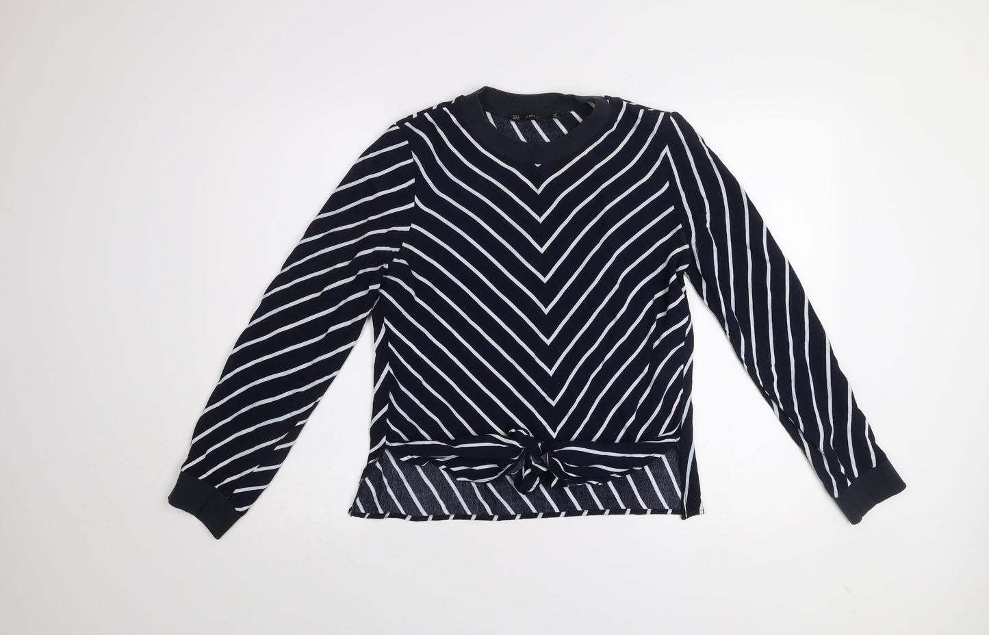 Zara Basic Women Blue Striped Long Sleeve Tie Front T-Shirt M