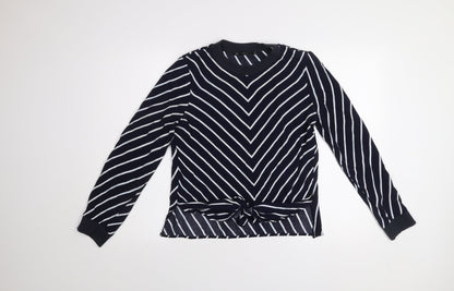 Zara Basic Women Blue Striped Long Sleeve Tie Front T-Shirt M