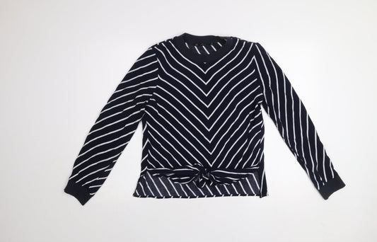 Zara Basic Women Blue Striped Long Sleeve Tie Front T-Shirt M