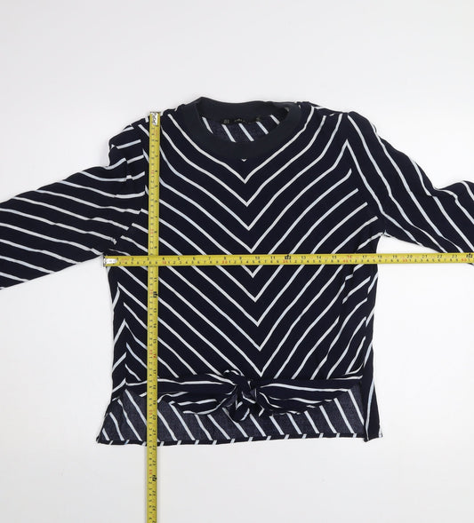 Zara Basic Women Blue Striped Long Sleeve Tie Front T-Shirt M