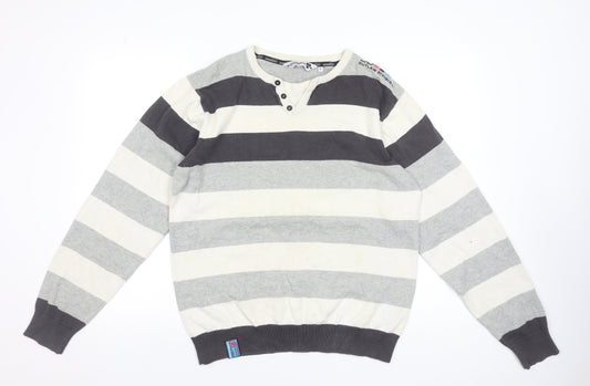 Dissident Men's Grey Striped Henley Cotton Jumper Size L