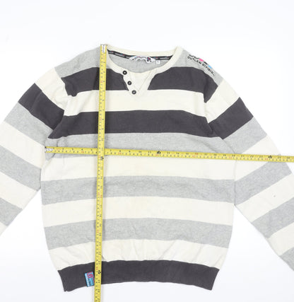 Dissident Men's Grey Striped Henley Cotton Jumper Size L