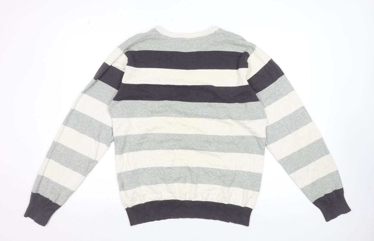 Dissident Men's Grey Striped Henley Cotton Jumper Size L