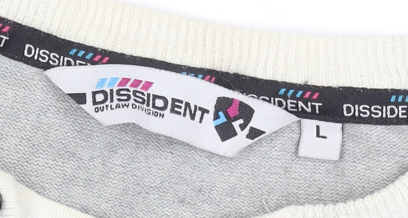 Dissident Men's Grey Striped Henley Cotton Jumper Size L