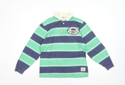 Gap Kids Boys Green Striped Rugby Polo Shirt 12-13 Years Long Sleeve Cotton