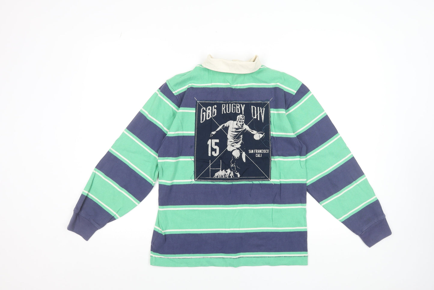 Gap Kids Boys Green Striped Rugby Polo Shirt 12-13 Years Long Sleeve Cotton