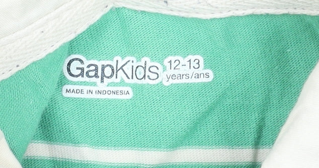 Gap Kids Boys Green Striped Rugby Polo Shirt 12-13 Years Long Sleeve Cotton