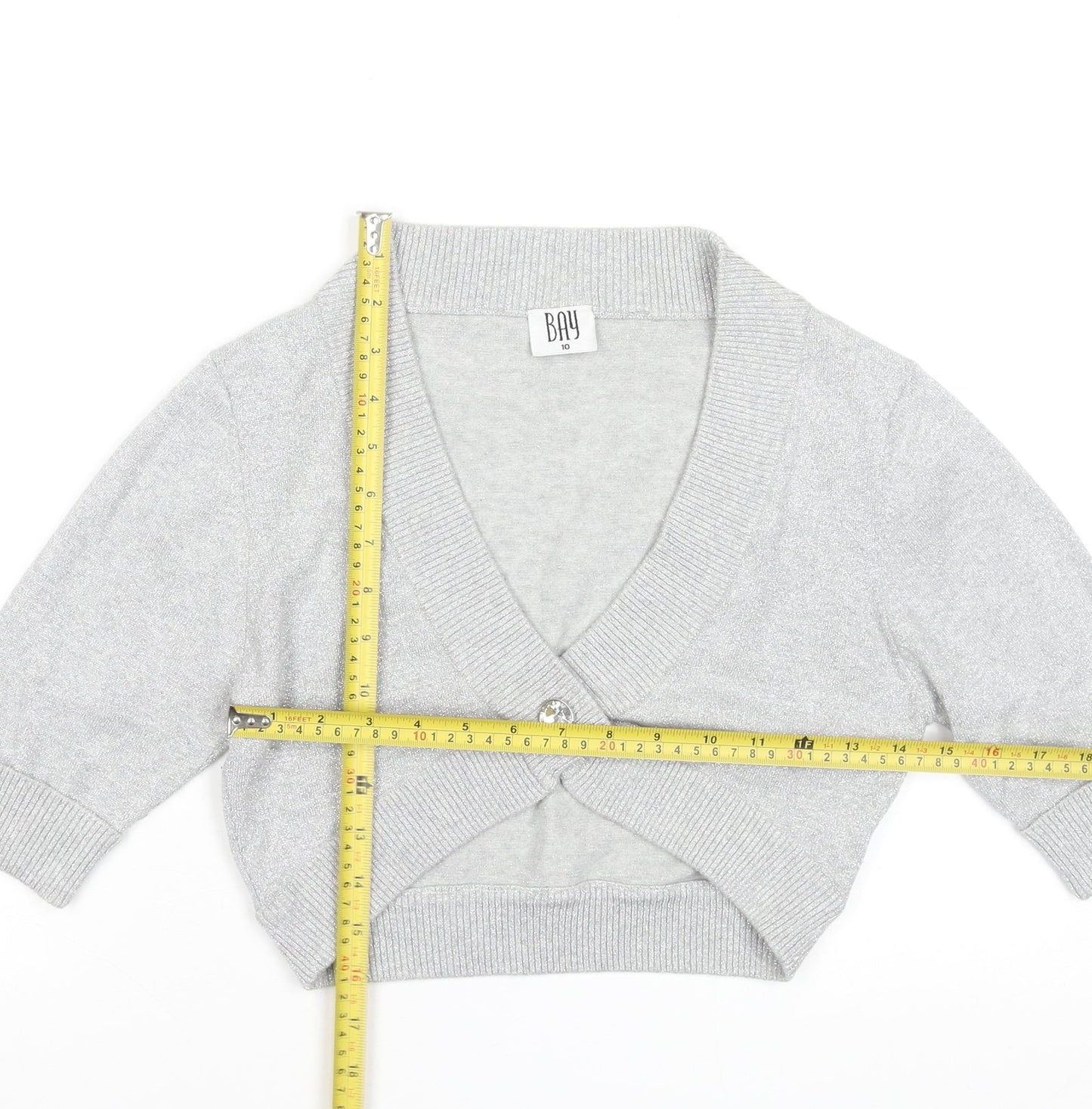 BAY Women’s Grey Glitter Button Cardigan Size 10 V-Neck 3/4 Sleeve