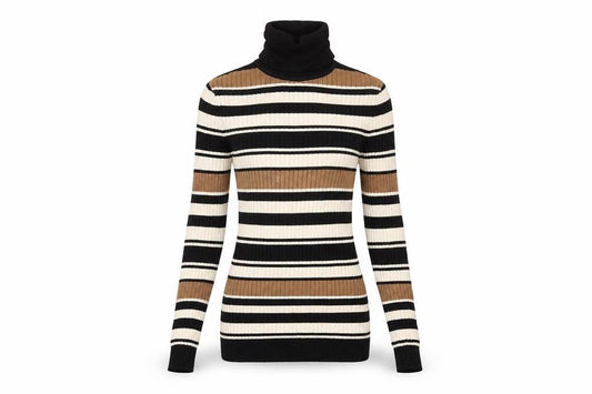 Front view of Only Women's XS Black Brown Striped Roll Neck Ribbed Knit Jumper