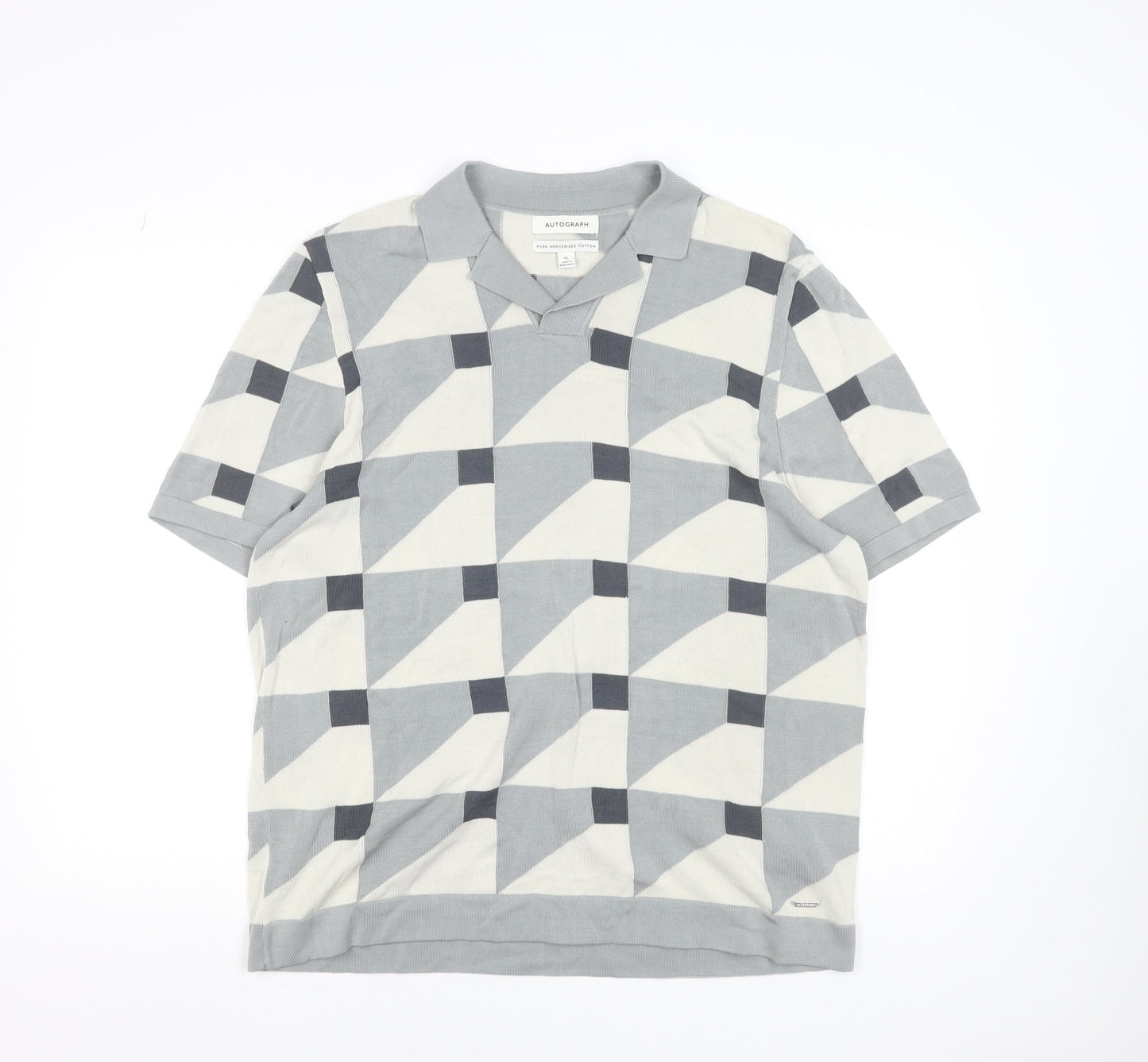 Marks and Spencer Autograph Men's Grey Geometric Cotton Polo Shirt XL