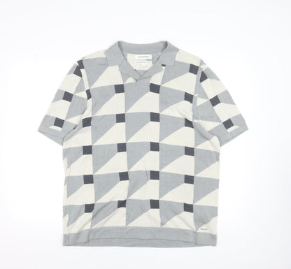 Marks and Spencer Autograph Men's Grey Geometric Cotton Polo Shirt XL