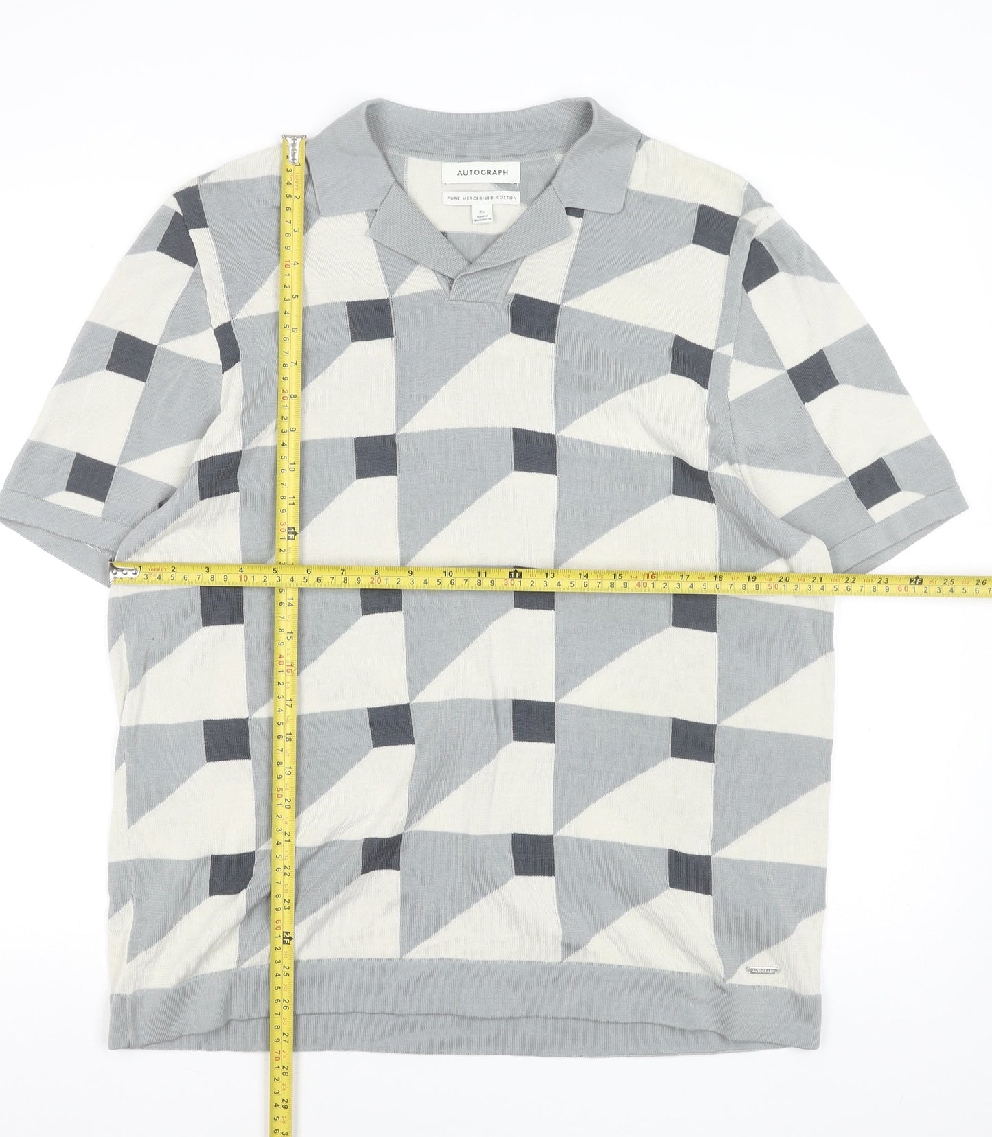 Marks and Spencer Autograph Men's Grey Geometric Cotton Polo Shirt XL