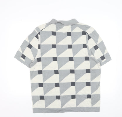 Marks and Spencer Autograph Men's Grey Geometric Cotton Polo Shirt XL