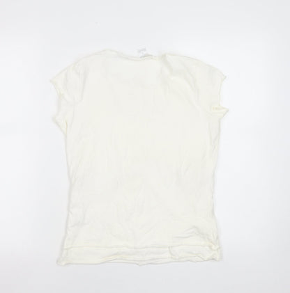 August Silk Womens Ivory Cotton V-Neck Cap Sleeve T-Shirt M