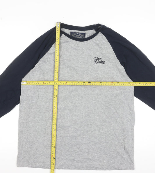 Tokyo Laundry Men's Grey Blue Long Sleeve Raglan T-Shirt Size L
