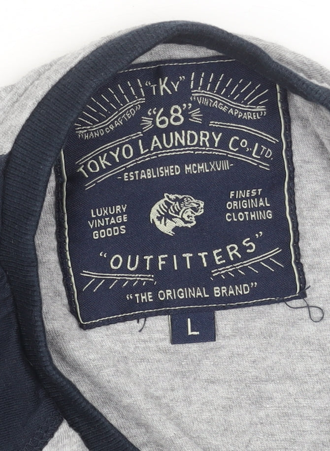 Tokyo Laundry Men's Grey Blue Long Sleeve Raglan T-Shirt Size L