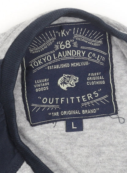 Tokyo Laundry Men's Grey Blue Long Sleeve Raglan T-Shirt Size L