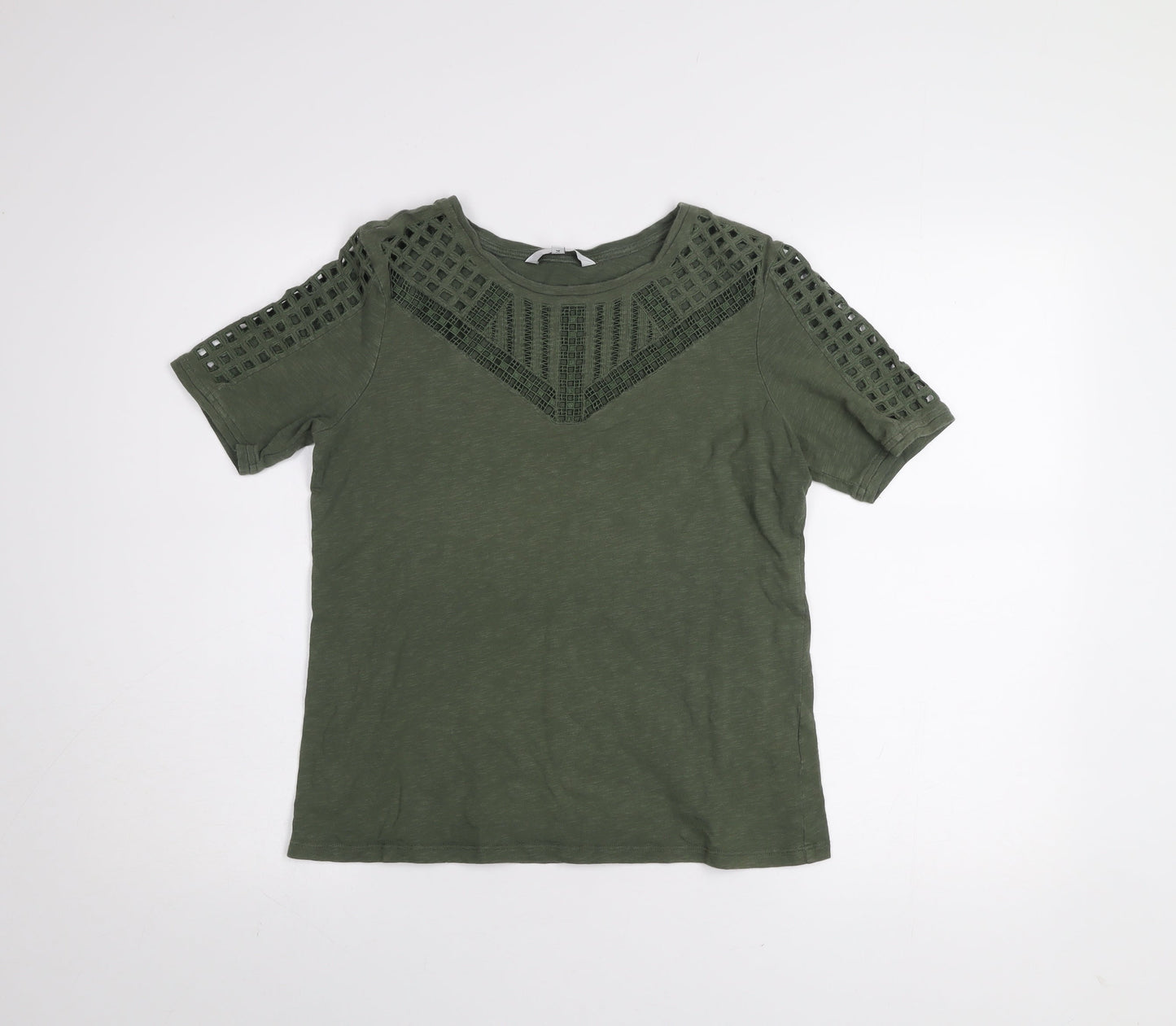 Jasper Conran Women's Green Cotton Crochet Trim T-Shirt Size 14