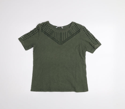 Jasper Conran Women's Green Cotton Crochet Trim T-Shirt Size 14