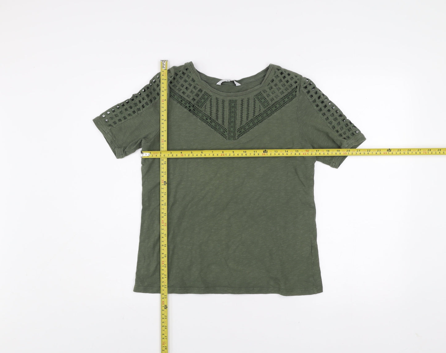 Jasper Conran Women's Green Cotton Crochet Trim T-Shirt Size 14