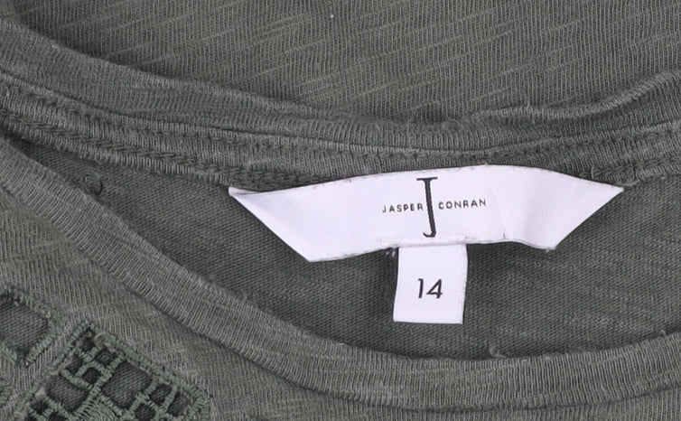 Jasper Conran Women's Green Cotton Crochet Trim T-Shirt Size 14