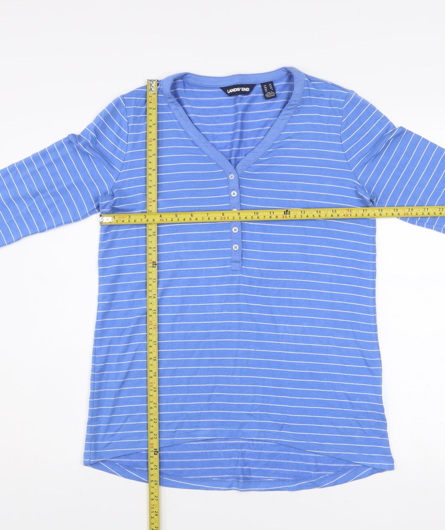 Lands' End Women Blue Striped 3/4 Sleeve V-Neck Henley Top XS