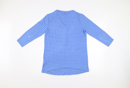 Lands' End Women Blue Striped 3/4 Sleeve V-Neck Henley Top XS