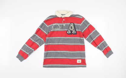 GAP Boys Grey Red Striped Long Sleeve Polo Shirt 12-13 Years Cotton