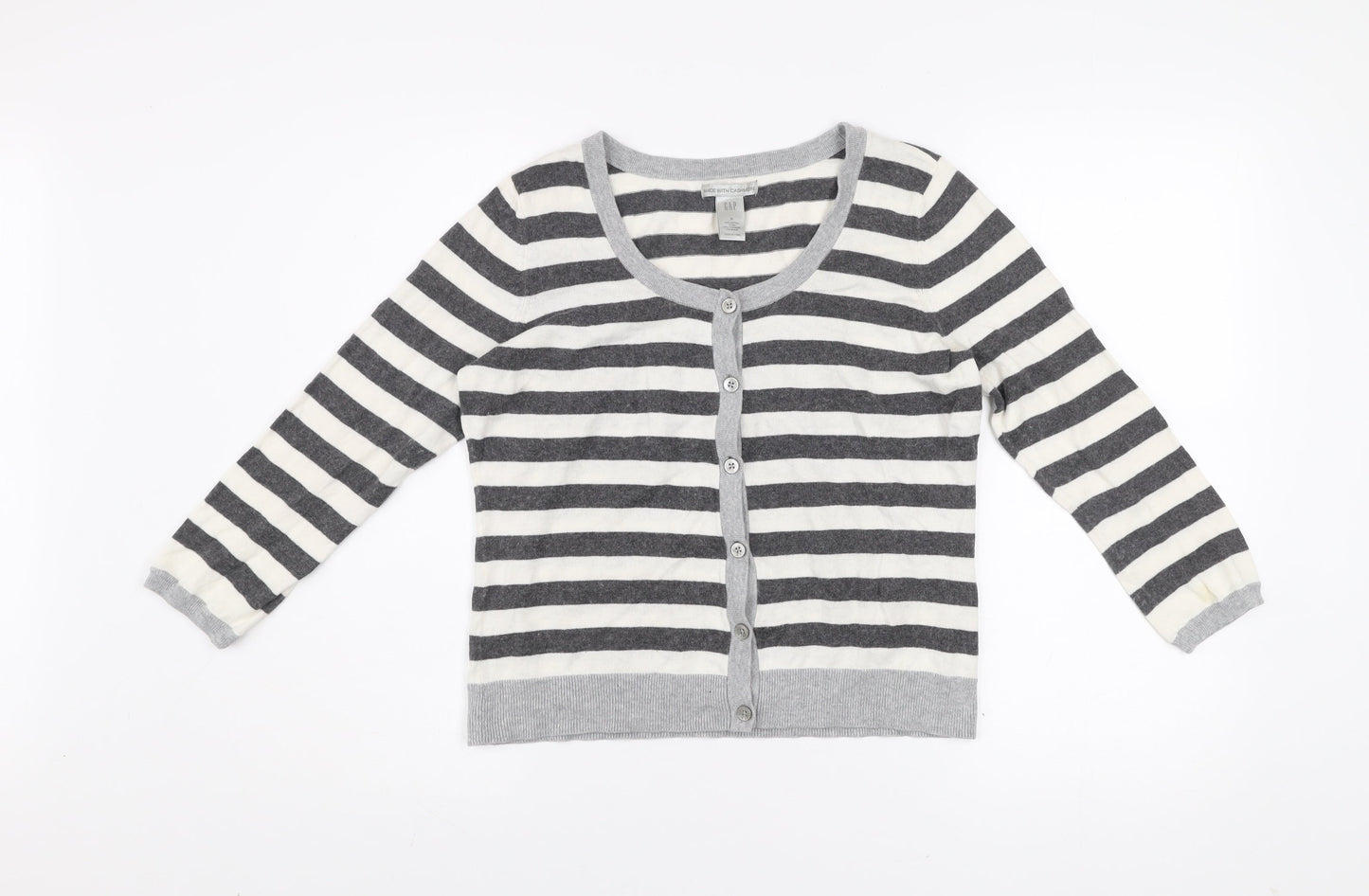 GAP Women Grey & White Striped Cardigan M Cotton Cashmere Blend