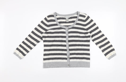 GAP Women Grey & White Striped Cardigan M Cotton Cashmere Blend