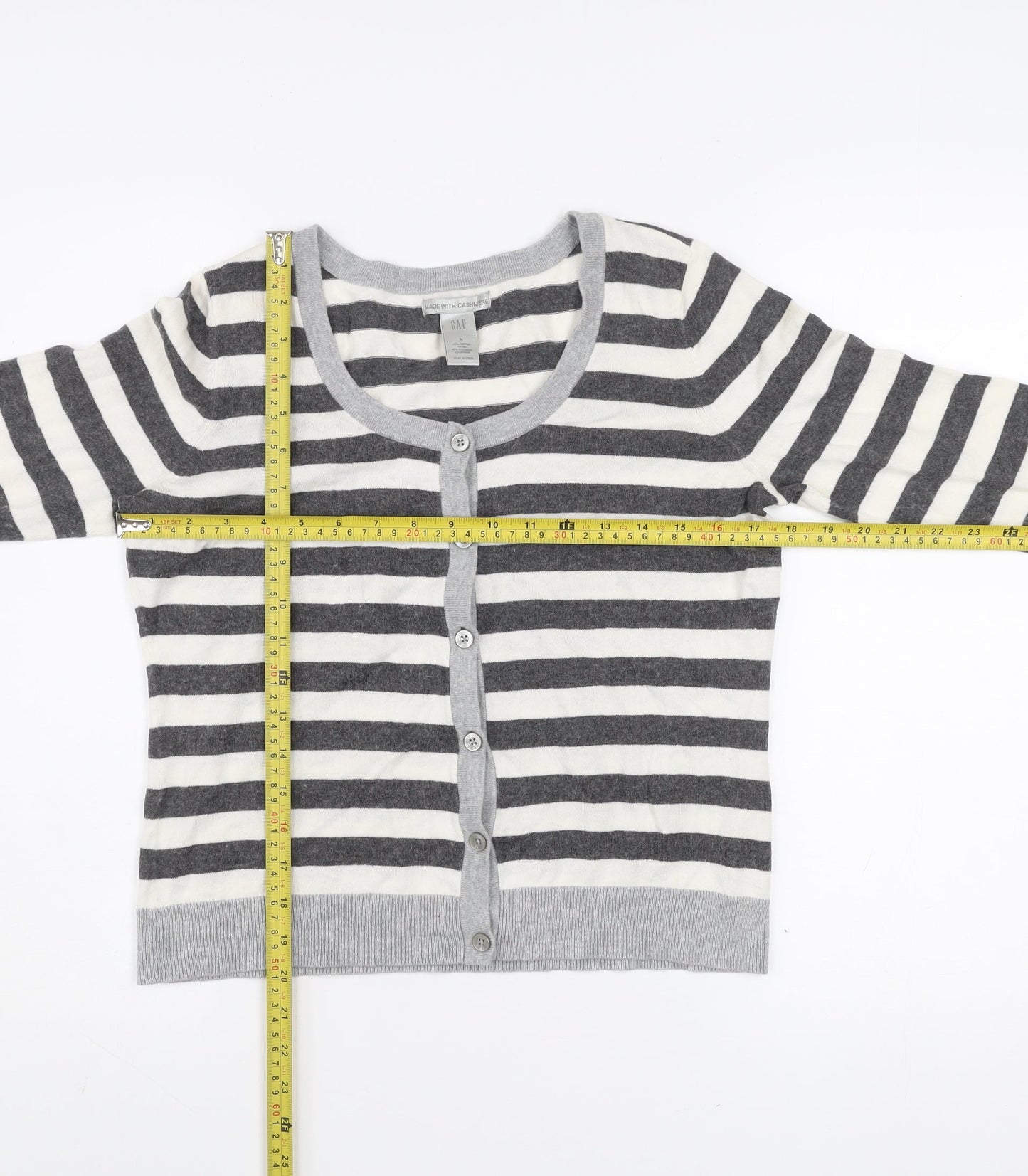 GAP Women Grey & White Striped Cardigan M Cotton Cashmere Blend