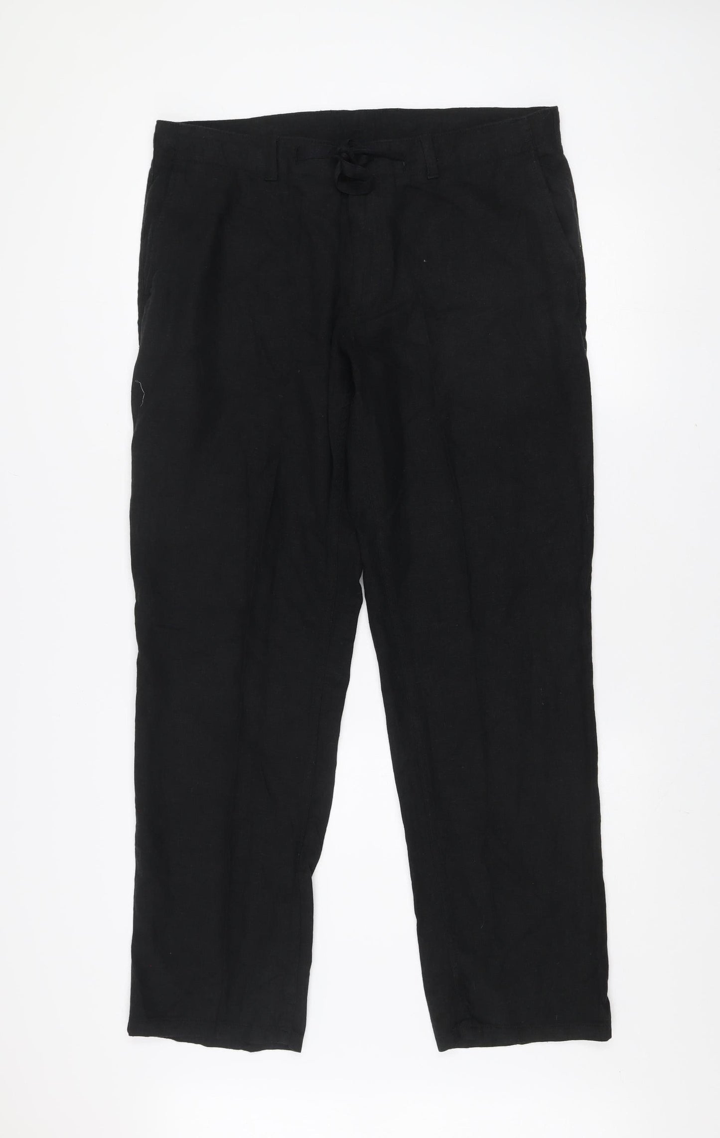 Next Men's Black Linen Blend Chino Trousers 34W 31L Regular Fit