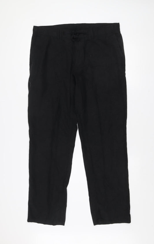Next Men's Black Linen Blend Chino Trousers 34W 31L Regular Fit