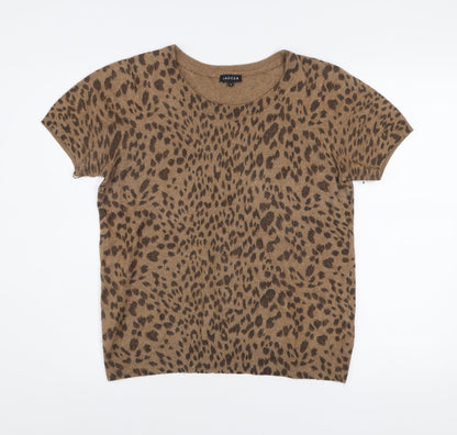 Jaeger Women Brown Animal Print Wool Blend Short Sleeve Top M
