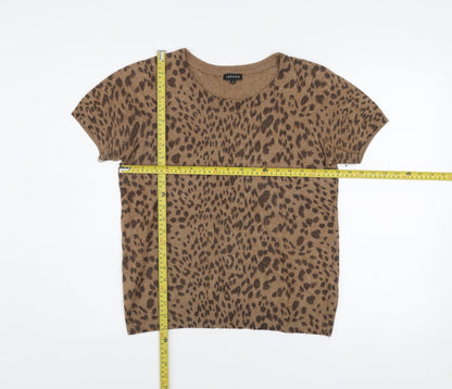 Jaeger Women Brown Animal Print Wool Blend Short Sleeve Top M