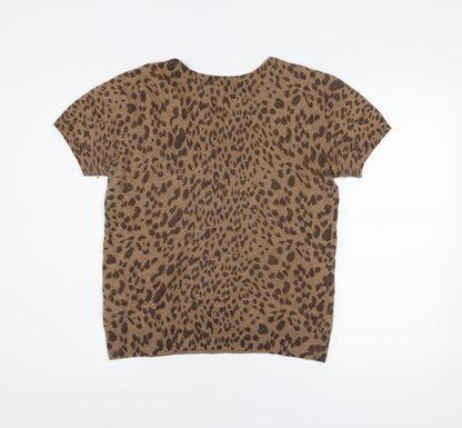 Jaeger Women Brown Animal Print Wool Blend Short Sleeve Top M