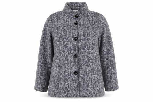 Front view of Anne De Lançay Women's Grey Herringbone Mid-Length Button Coat, size S