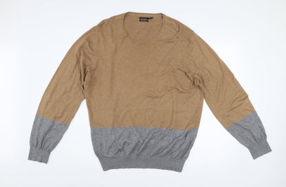 Massimo Dutti Men’s Brown & Grey Cotton Cashmere Crew Neck Jumper Size M