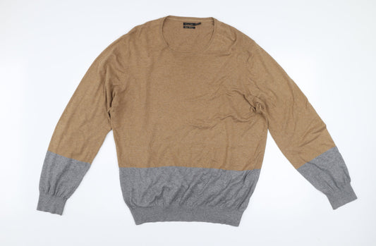 Massimo Dutti Men’s Brown & Grey Cotton Cashmere Crew Neck Jumper Size M