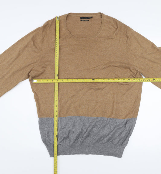 Massimo Dutti Men’s Brown & Grey Cotton Cashmere Crew Neck Jumper Size M