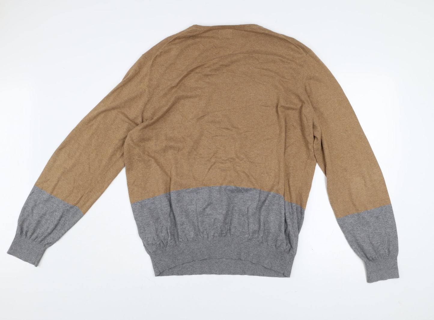 Massimo Dutti Men’s Brown & Grey Cotton Cashmere Crew Neck Jumper Size M