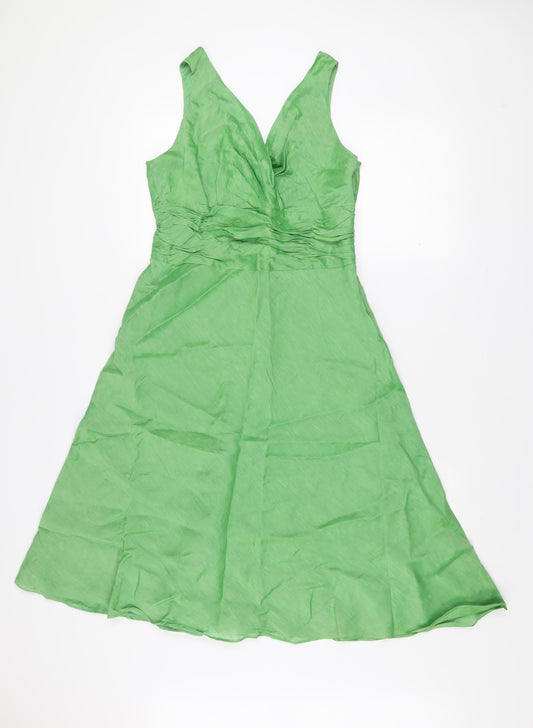 Monsoon Women’s Green A-Line Linen Silk V-Neck Sleeveless Dress Size 14