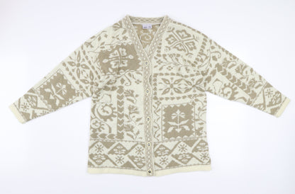 BHS Women's Beige Geometric Knit Cardigan Size 14/16 V-Neck Long Sleeve