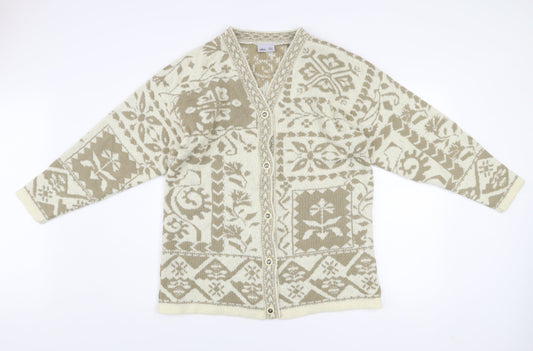 BHS Women's Beige Geometric Knit Cardigan Size 14/16 V-Neck Long Sleeve