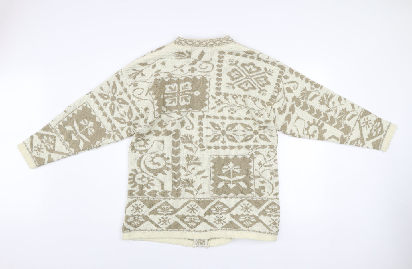 BHS Women's Beige Geometric Knit Cardigan Size 14/16 V-Neck Long Sleeve