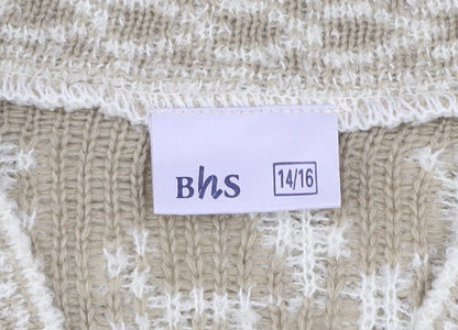 BHS Women's Beige Geometric Knit Cardigan Size 14/16 V-Neck Long Sleeve