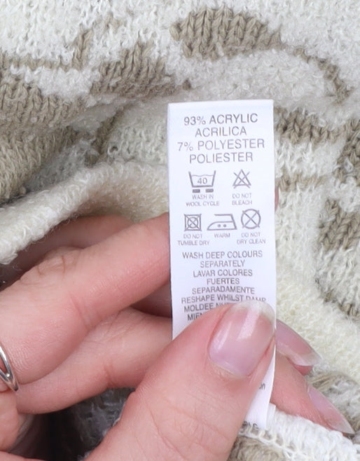 BHS Women's Beige Geometric Knit Cardigan Size 14/16 V-Neck Long Sleeve